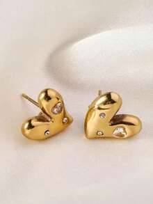 1 par de pendientes elegantes de acero inoxidable para mujer con diseño asimétrico de corazón con rhinestones, adecuados para uso diario y vacaciones