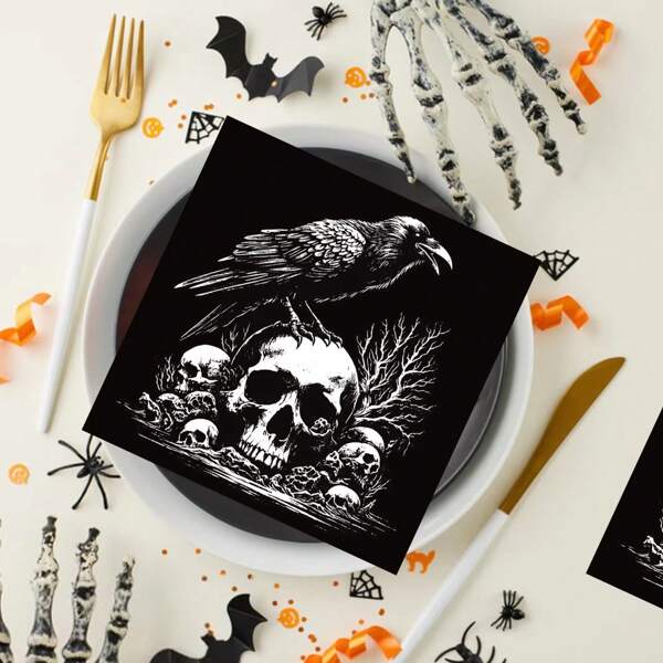 20pcs Halloween Happy Halloween Napkins, Witch Broom, Bat, Black Cat Pattern Disposable Napkins, Lunch Dinner Halloween Party Supplies, Tableware Decoration