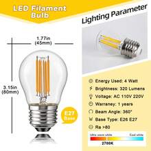 6 件装 G45 4W 复古球形 LED 灯丝爱迪生灯泡 E27 220V 可调光复古风格仿古色调玻璃 40W 白炽灯等效 320LM 2700K 暖白光灯适用于家用吊灯仿古灯具 - 4W Clear Glass - 查看 4