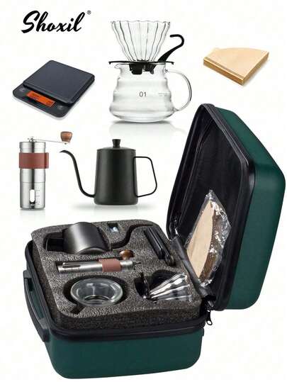 shoxil 5pcs/6pcs Travel Coffee Set, Pour Over Coffee Maker Set, Portable Coffee Bag, Coffee Accessories Tools, Pour Over Coffee Kettle, Glass Coffee Pot And Coffee Dripper, Manual Coffee Grinder, Coffee Scale, 40pcs Coffee Filter Paper, For Camping, Office, Home, And Travel