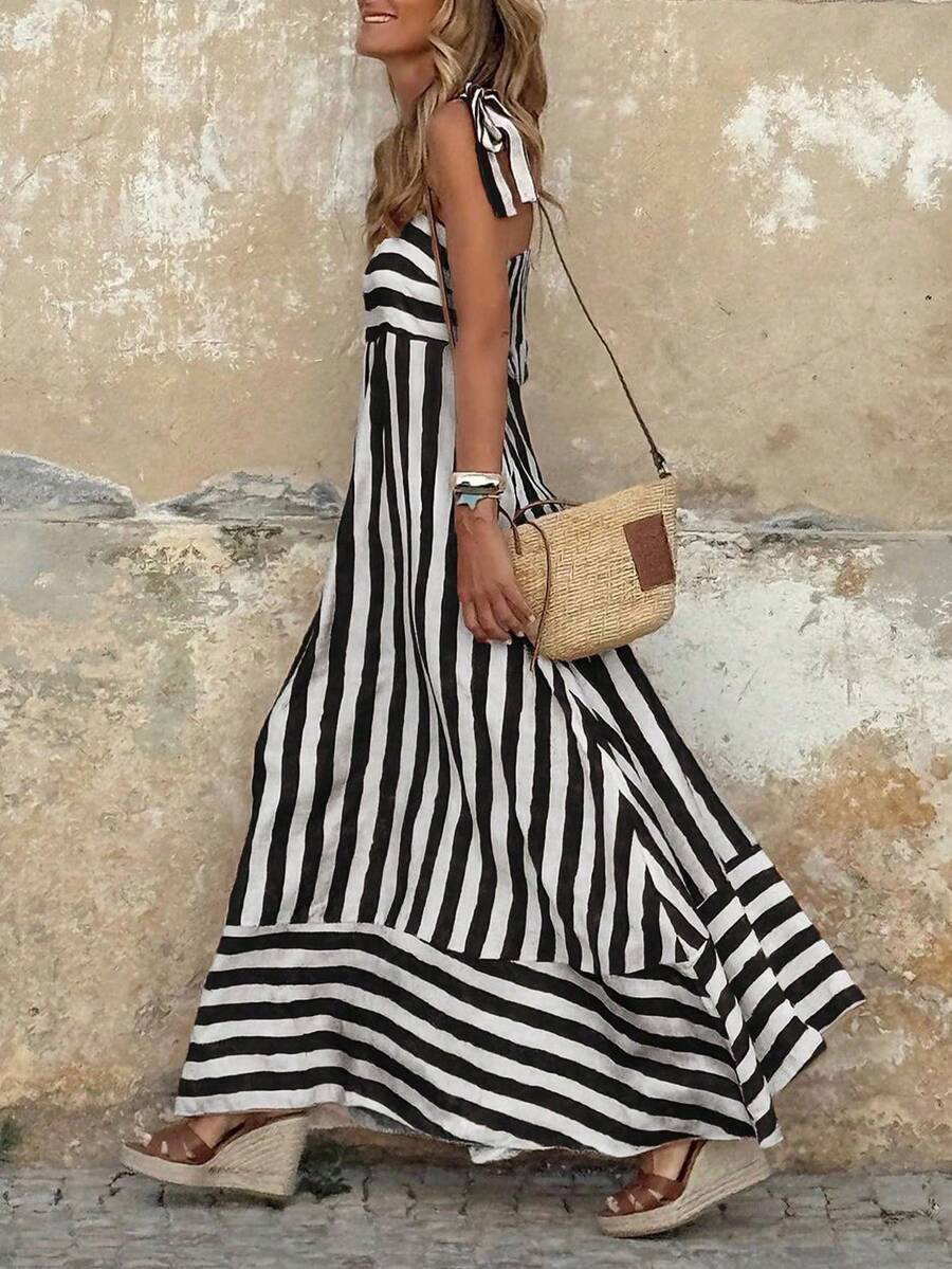 随机剪裁无袖印花夏季A字连衣裙，女士夏季度假连衣裙，休闲外出连衣裙，优雅黑色 - 黑色 - 查看 1