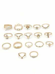 波西米亚风格戒指，融合欧美风格，17件套钻石镶嵌戒指首饰 - 彩色 - 查看 4