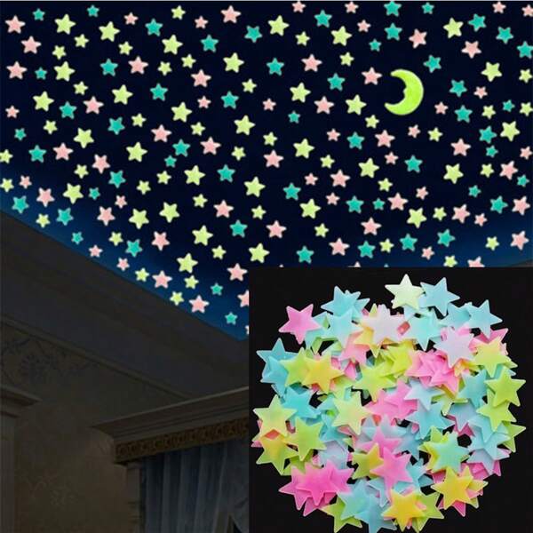 100 piezas de grandes pegatinas de estrellas luminosas que brillan en la oscuridad - Decoración para dormitorio, sala de estar y techo - Fácil de pelar, reutilizables, removibles y decoración DIY divertida
