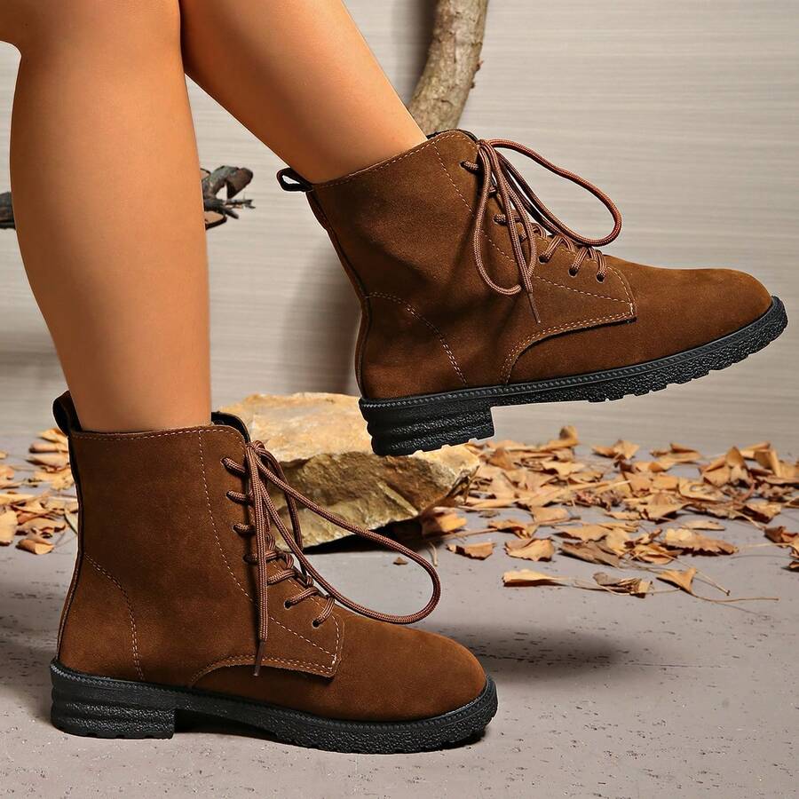 Bottes polyvalentes de mode pour femmes, de couleur unie. Bottes de cheville à bout rond rétro avec lacets et bottines courtes