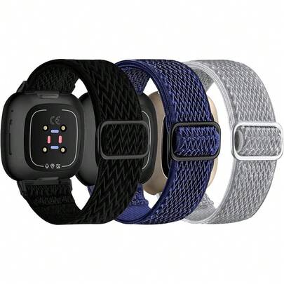 3 Pack Elastic Nylon Straps Compatible For Fitbit Versa 4/Versa 3/Sense 2/Sense Strap, Stretchy Adjustable Fabric Breathable Replacement Straps For Wo