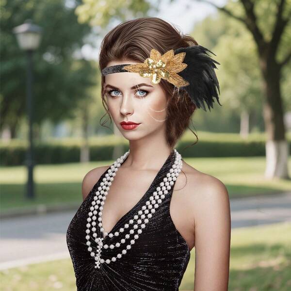 1920s Retro Style: Black & Gold Sequin Slip Dress Paired With Multi-Layer Pearl Necklace And Gold Leaf Feather Headband, Embodying The Glamour Of The Jazz Age For Halloween Party