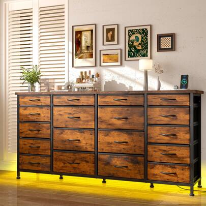63" Wide 18-Drawer Large Dresser With LED Lighting & Power Outlets - Sturdy TV Stanf Holds 65" TV With  Fabric Drawers & Metal Frame, Rustic Brown