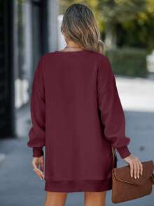 ChicMe Womens Crew Neck Long Sleeve Pullover Sweatshirt Dress Zipper Slit Design Faux Two Pieces Solid Casual Oversize Outfit For Daily Street - Burgundy - View 3