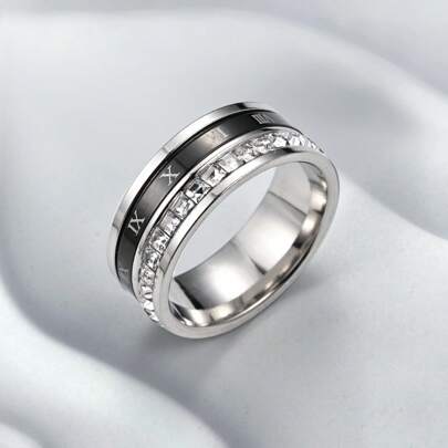1 Stück luxuriöser Ring im römischen Ziffernnumeral-Doppelkreis-Design aus Titan-Stahl mit mikro-eingelassenen Zirkoniasteinen, Streetstyle für Damen, Valentinstags-Geschenk