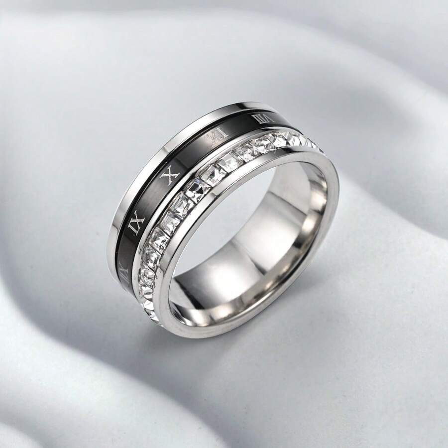 1 Stück luxuriöser Ring im römischen Ziffernnumeral-Doppelkreis-Design aus Titan-Stahl mit mikro-eingelassenen Zirkoniasteinen, Streetstyle für Damen, Valentinstags-Geschenk