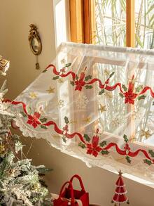 1pc Charming Christmas Candle Festival Embroidered Colorful Sheer Curtain With Rod Pocket Design For Easy Hanging, Perfect For Living Room & Bedroom Decor Curtains For Living Room Curtains For Bedroom, Festival Decoration, No Rod With Rod Pocket Design For Easy Hanging- Adjustable, Washable, Different Sizes Perfect For Bedroom, Canteen, Kitchen, Or Coffee Shop Decor, No Rod