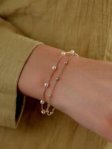 Nooxian 2pcs/Set Gold Jewelry Fashion Simple Faux Pearl Delicate Chain Bracelet Set, Layered Bracelet Jewelry Gift For Women (Pearl Bead Quantity Random)