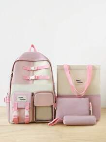4 件套女士背包套装，韩版清新撞色背包，书包，笔记本电脑包，适合青少年、高中生、大学生、女士，日常使用、通勤、旅行 - 粉色 - 查看 2