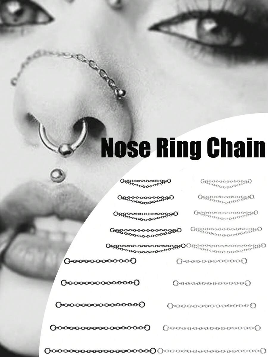 5PCS Nose Chain Surgical Steel Across Top Nose Piercing Jewelry - Double Nostril Bridge Jewelry For Women & Men, Black, Gold, Silver, Goth, Y2k, Halloween