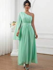 Fashion A-Line Slim Solid Color Chiffon One Shoulder Formal Cocktail Dress For Reception Dinner Wedding Bridesmaid