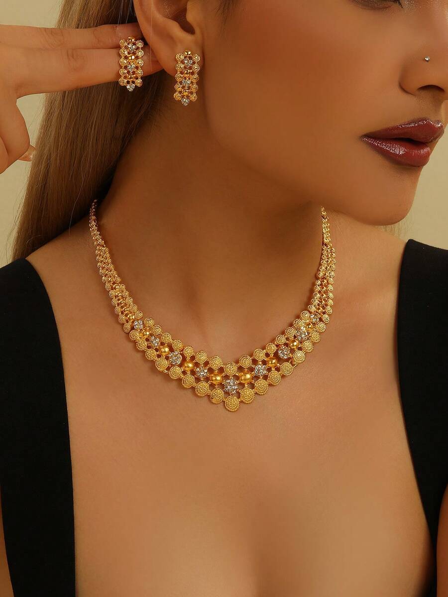 3pcs Gold Tone Hollow Luxury Wedding Bride Earrings Necklace Jewelry Set - Yellow Gold - View 1