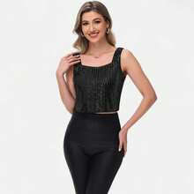 Women's Sequin Square Neck Tank Top With Sleeveless Design And Cropped Fit - Black - Black - View 6