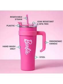 Cốc thép ống hút cỡ lớn MINISO Barbie 1600mL/54oz, màu hồng Barbie độc quyền + Tay cầm tiện lợi, khóa nhiệt độ bằng thép không gỉ hai lớp, cấu trúc dễ vệ sinh, hoàn hảo cho các chuyến đi ngoài trời/uống nước tại văn phòng. (1 chiếc) - Hồng - Xem 6