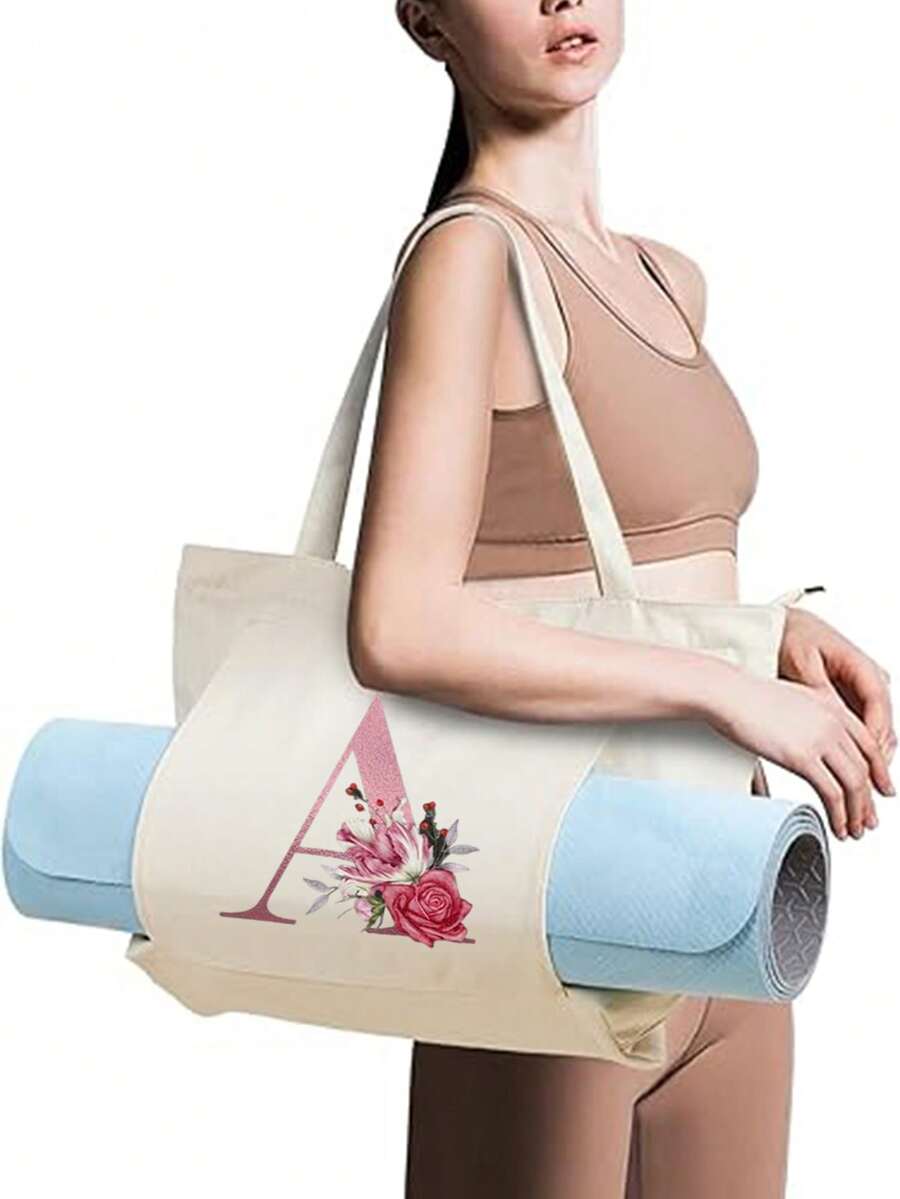 Monogram Women's Yoga Bag, Spacious Yoga Mat Storage Bag, Heat Transfer Printing Technology, Machine Washable, Portable Canvas Tote Bag, Suitable For Pilates, Travel, Office, Beach Workout And More, Can Also Be Used As A Beach Or Shopping Bag - Multicolor - View 1