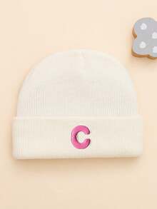 1 peça de gorro de malha branca com estampa de letras rosa bebê, moderno e fofo, macio e confortável, quente, adequado para bebês de 0 a 6 meses, uso diário no outono/inverno