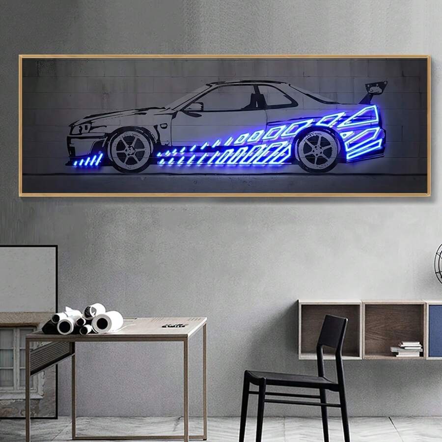 1pc Unframed Neon Blue Canvas Poster, Fluorescent Racing Car Painting, Waterproof Odorless Canvas Wall Art, Artwork Wall Painting For Birthday Gift, Bedroom, Office, Living Room, Wall Decor, Home And Dormitory Decoration