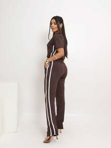 Premium Sweatsuit Casual Set, Casual Wide-Leg Pants, Side Stripe Pocket - Rỉ Nâu - Xem 3