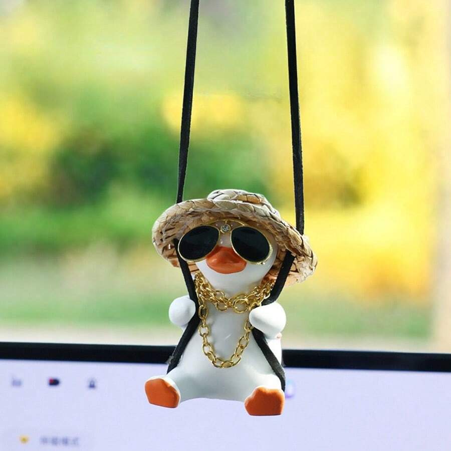 قلادة بشكل بطة أرجوحة كرتونية معلقة بمرآة السيارة، زخرفة معلقة للسيارة