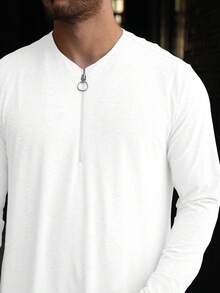 穆斯林男士纯色宽松舒适休闲拉链阿拉伯长袍 - 白色 - 查看 4