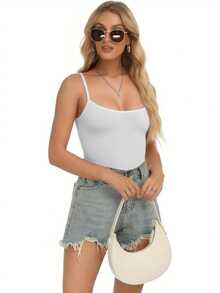 Women Sexy Spaghetti Strap Square Neck Thong Bodysuit Backless Camisoles Halter Tank Top - 白色 - 查看 5