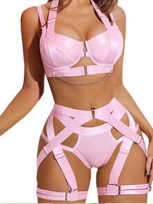3-Piece Lingerie Set For Women, Strappy Lingerie Underwire Push Up Bra Garter Set Lingerie With Chain,Disfraces Sexy De Mujer For Wild Queen, Disfraz Halloween Mujer Bodysuits For Women ,Body Suit For Fetish Clubwear, Halloween Costumes For Women Pefect For Nightclub&Party&Romantic Night - Hồng - Xem 2