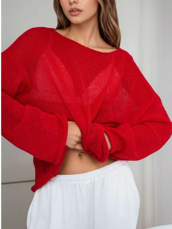 Cut Out gestrickter Pullover, oversized Rundhalsausschnitt, weite Ärmel, einfarbiges Patchwork-Fellstrick-Oberteil