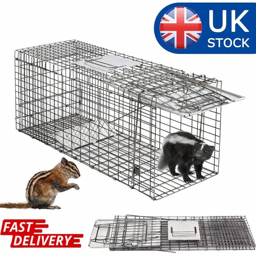 AutoFu Foldable Humane Animal Cage Trap With Carrying Handle, Large Humane Rat Trap Cage Live Animal Catcher Mouse Pest Rodent Control Bait, For Squirrels, Rabbits, Cats & Small Animals - Silver - View 1