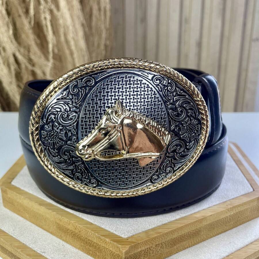 Cinto Adulto Fivela Cavalo Cabeça Dourado Country Cowboy Rodeio