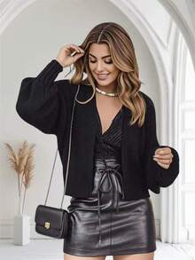 Women's Knitted Winter Coat With Puff Sleeves, Simple, Knitted - Black - View 2