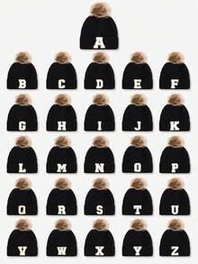 1pc Baby & Toddler Letter Pom Pom Knit Hat, 26 Letters Available, Knitted Cap, Suitable For Baby Boys & Girls Everyday Wear In Autumn/Winter - Black - View 2