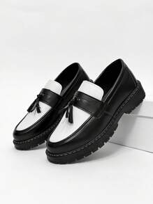 Men's Casual Thick Sole Slip-On Solid Black Leather Shoes, Student Flat Shoes, Formal Business Shoes, Tasseled Casual Loafers, Work Boots Old Money Chic Autumn