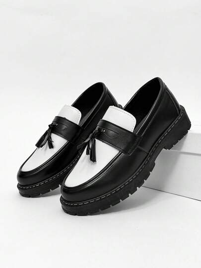 Men's Casual Thick Sole Slip-On Solid Black Leather Shoes, Student Flat Shoes, Formal Business Shoes, Tasseled Casual Loafers, Work Boots Old Money Chic Autumn