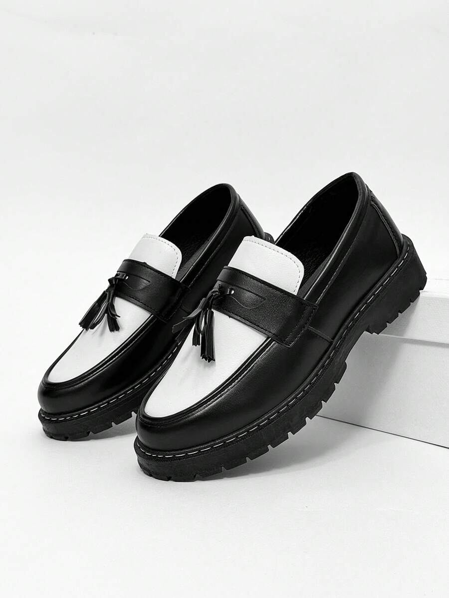 Men's Casual Thick Sole Slip-On Solid Black Leather Shoes, Student Flat Shoes, Formal Business Shoes, Tasseled Casual Loafers, Work Boots Old Money Chic Autumn