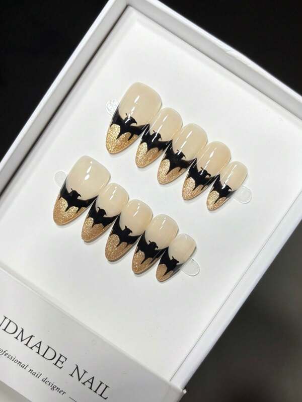 Uñas de Halloween hechas a mano con murciélago vampiro, francesas, diseño de uñas postizas