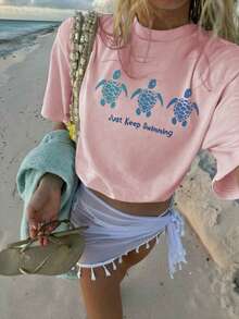 女士新款春夏龟纹休闲圆领蓝色短袖T恤，时尚度假风，适合日常度假穿着。粉色上衣、黑色上衣、图案T恤女款 - 粉色 - 查看 7