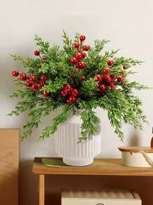 20Pcs Christmas Artificial Pine Branches With Red Berries ,Faux Evergreen Norfolk Pine Cypress Leaves Stems- Fake Foliage Pine Needles Picks For DIY Craft Garland Home Decor.Artificial Holly Berries, Decor Garlands, Home Vase Dining Table Holiday Patio Fireplace Decor Wedding Garden Farmhouse Decor, Artificial Flowers For Outdoors