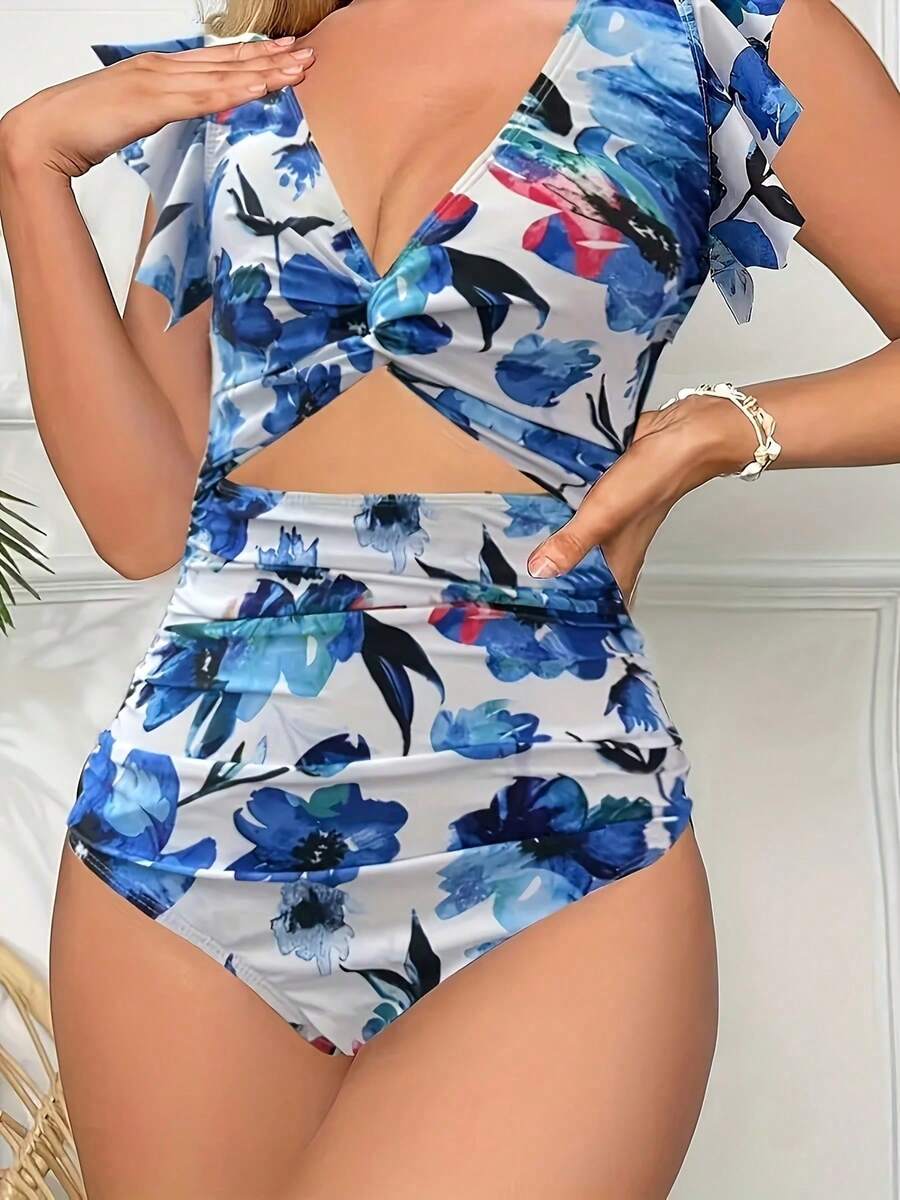 HKGFF-Women's One-Piece Hollow Out Backless Pleated Edge Backless Flower Print Swimming And Hot Spring Swimsuit