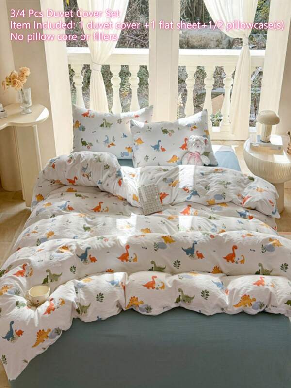 Juego de ropa de cama de dinosaurio para niños de 3/4 piezas, decoración de dormitorio con dibujos animados de dinosaurios lindos, juego de ropa de cama reversible con patrón de animales de la selva para bebés/niños pequeños (1 funda nórdica + 1 sábana plana + 1/2 funda de almohada, sin relleno)