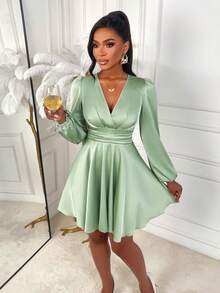 Amarilo Women's Autumn And Winter Elegant Solid Color V-Neck Slim Fit A-Line Puff Sleeve Satin Glossy Short Dress, Suitable For Parties And Daily Commuting Halloween Christmas