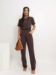 Premium Sweatsuit Casual Set, Casual Wide-Leg Pants, Side Stripe Pocket - Rỉ Nâu - Xem 2