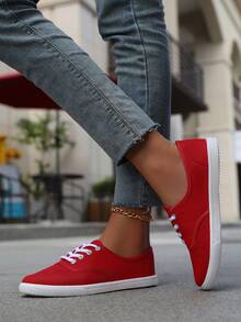 女士舒适帆布系带鞋 - 柔软透气休闲运动鞋，适合步行和跑步 - 紅色 - 查看 6