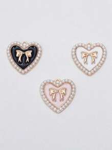 10pcs Heart-Shaped Pearl Bow Pendant, Zinc Alloy Dangle Jewelry DIY Earring Making Supplies - Accessories - View 3