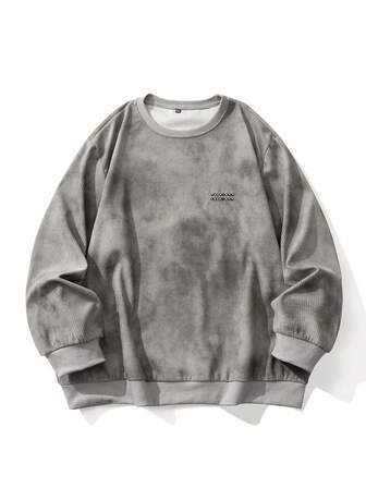 プラスサイズ メンズ コーデュロイ クルーネック プルオーバー スウェットシャツ、ルーズフィット カジュアル 長袖 Tシャツ 秋用