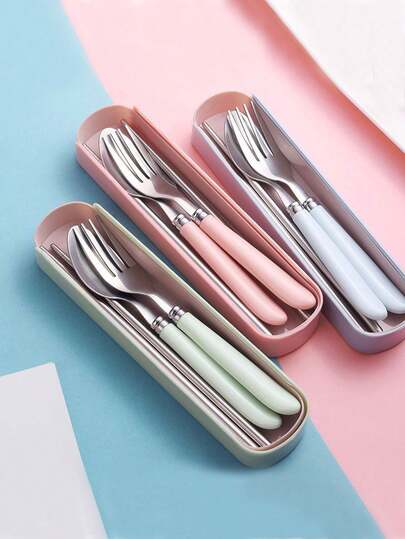 Set da 4 pezzi di posate in acciaio inossidabile portatili, comprendente cucchiaio, forchetta, coltello in acciaio inossidabile, adatto per picnic, lavoro, campeggio, scuola, viaggi, posate riutilizzabili inclusa scatola, posate da viaggio con scatola di stoccaggio, lavabili in lavastoviglie