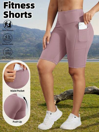 Summer Workout High Waist Women Outdoor Cycling Shorts With Pockets, Lightweight Breathable Sports Shorts With Inner Pocket, Casual Workout Tight Fitting Shorts, Pink